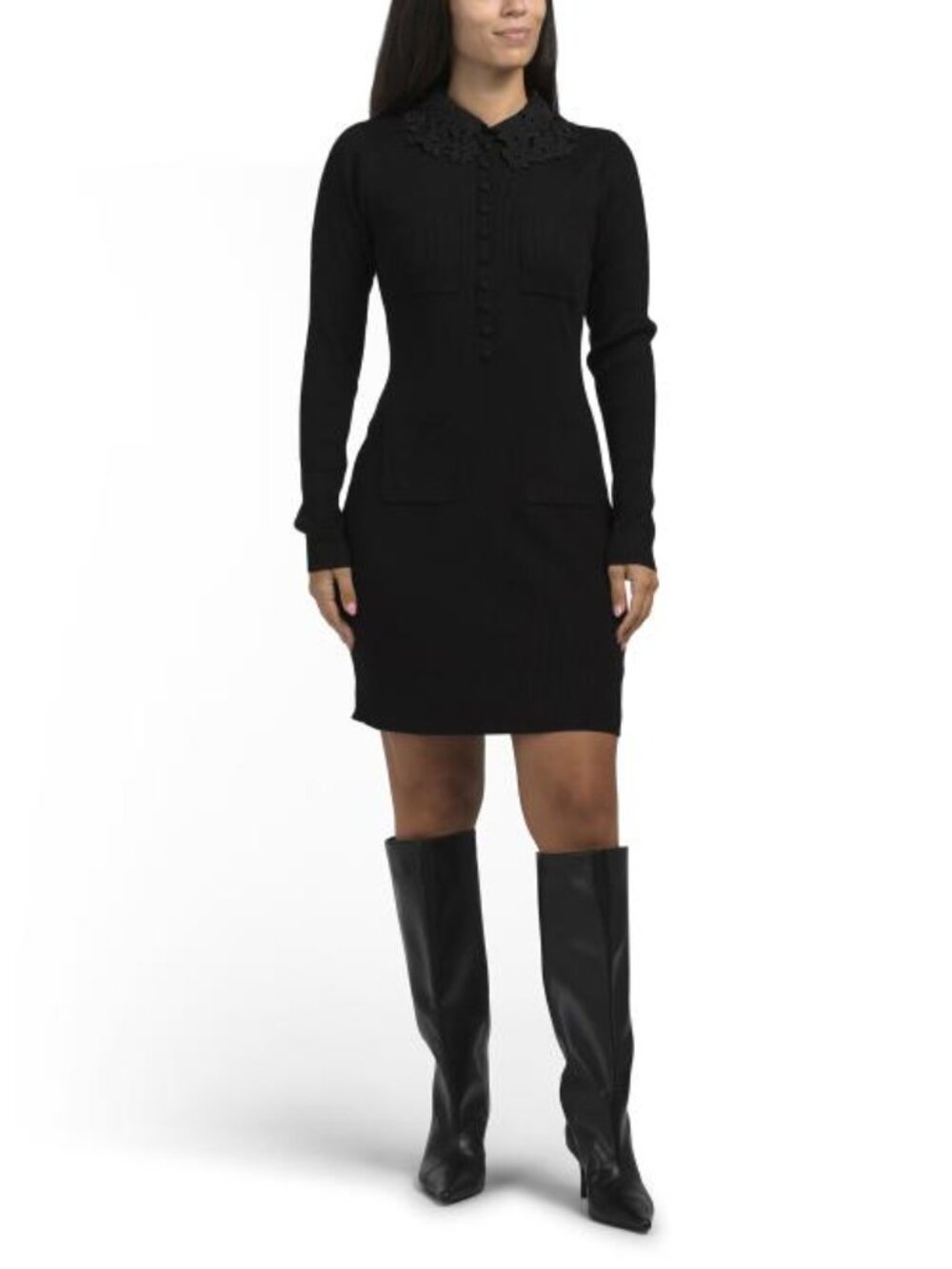 ELLEN TRACY Lace Collar Ribbed Mini Dress